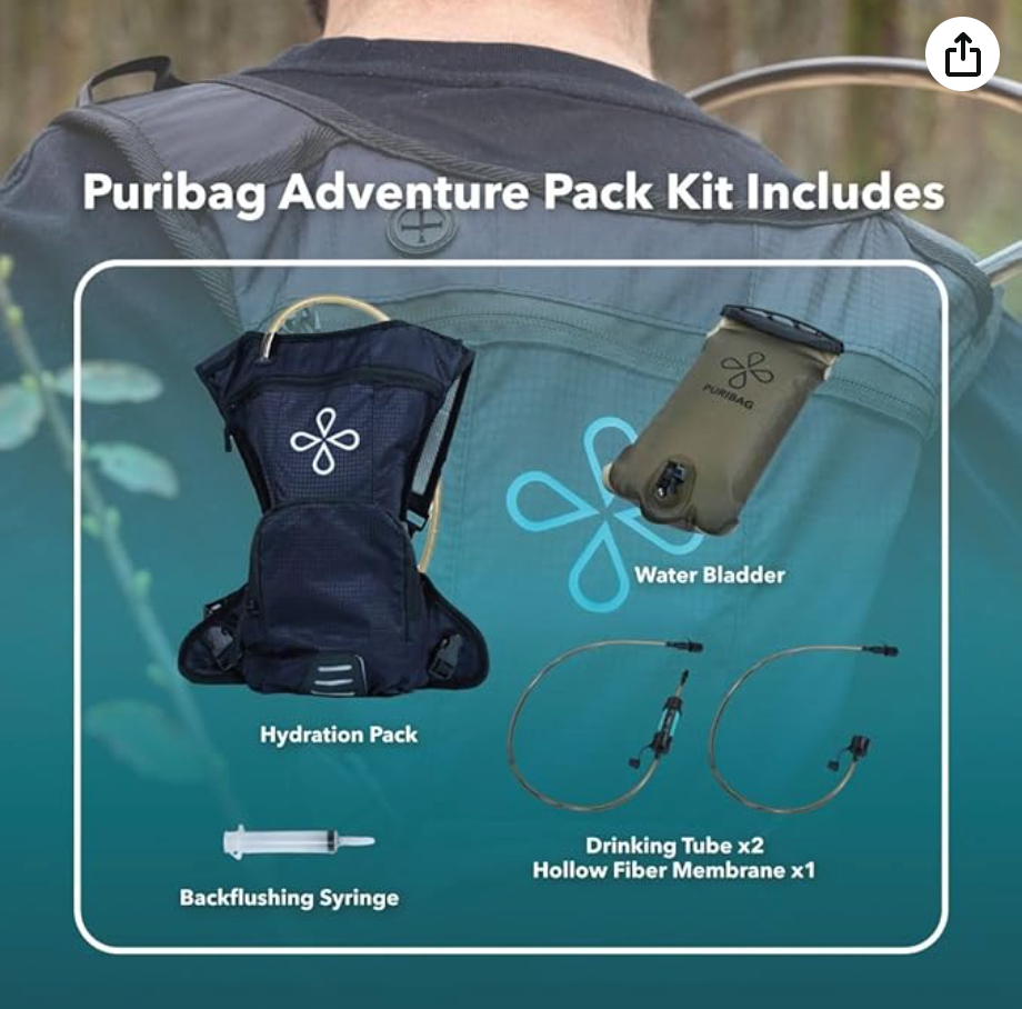 Puribag Water - Adventure Pack - Hydration Backpack with 2L Water Bladder & Adaptable Membrane Filter Kit]