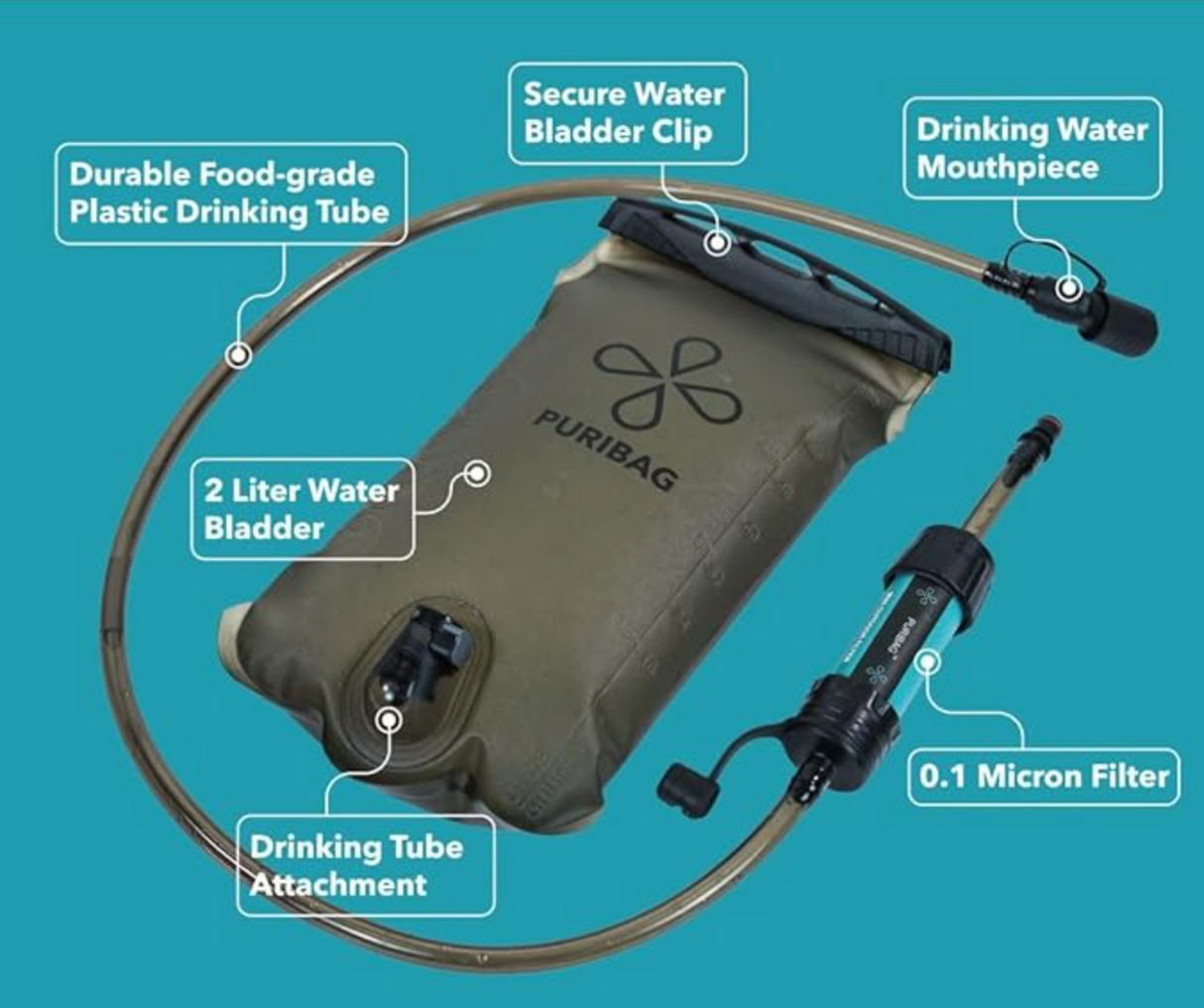 Puribag Water - Adventure Bladder (2 Liter Hydration Bladder + Micro Filter)