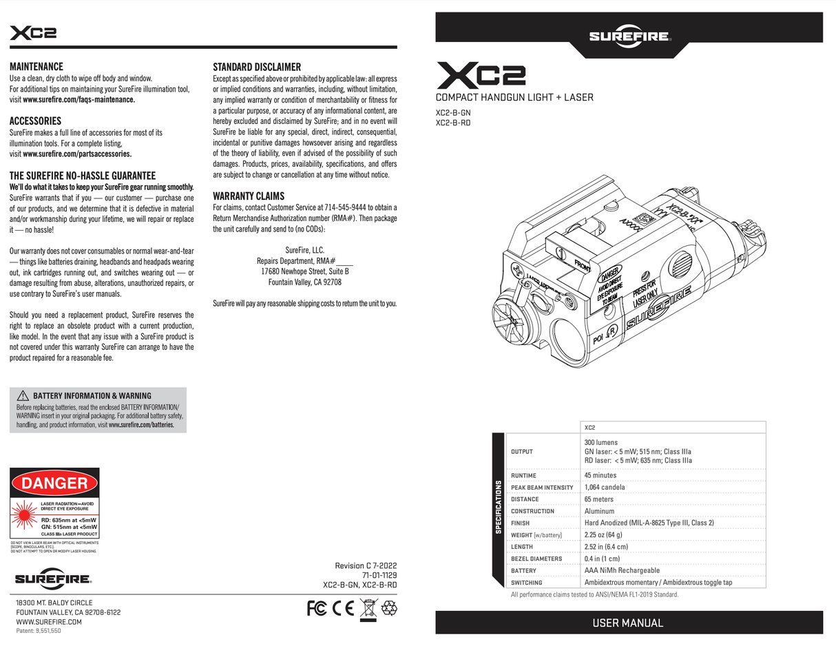 SureFire - XC2-B Ultra-Compact 300 Lumen LED Handgun Weapon Light and Laser Sight (Red or Green)