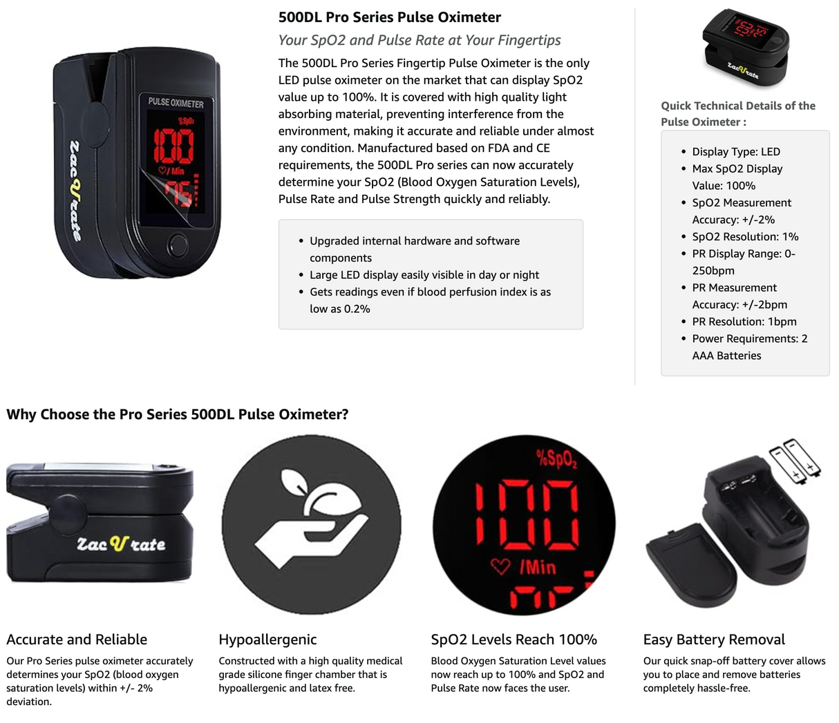 Zacurate - Pro Series 500DL Fingertip Pulse Oximeter