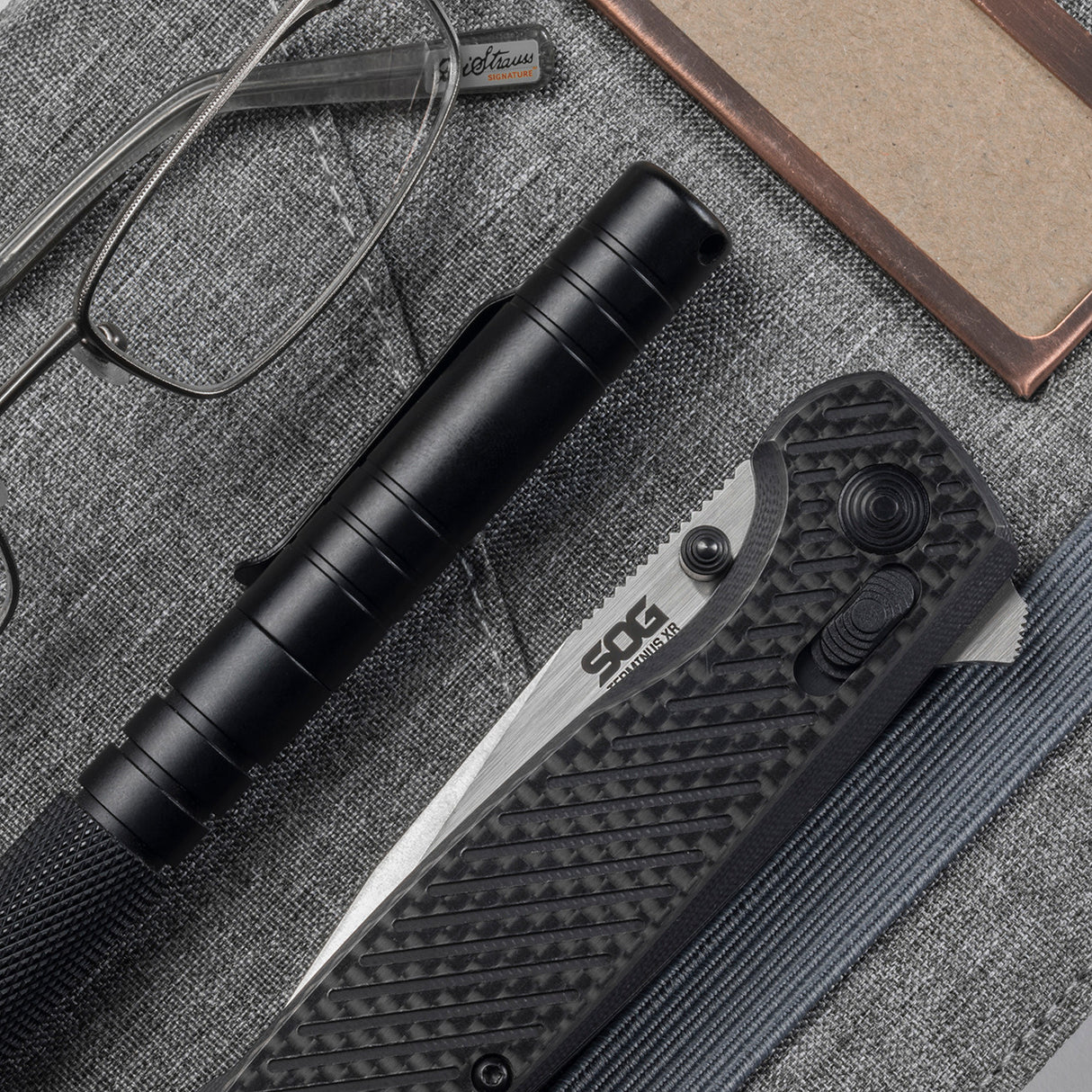 SOG - Terminus XR, Folding Knife, 2.95" Straight Clip Point, Black G10 and Carbon Fiber Handle, CPM S35VN Steel, Satin Finish, Silver