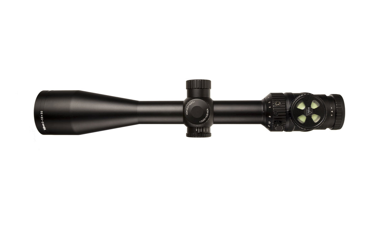 Trijicon - AccuPoint® 3-18x50 Second Focal Plane (SFP) Riflescope MOA Ranging Reticle with Green Dot, 30mm Tube, Satin Black, Exposed Elevation w/ Return to Zero Feature