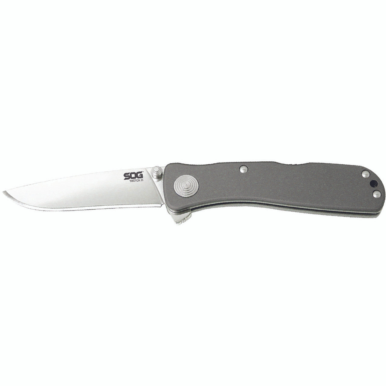 SOG - Twitch II, Folding Knife, 2.65" Drop Point Plain Edge, Gray Hard Anodized Aluminum Handle, Satin Finish, Silver