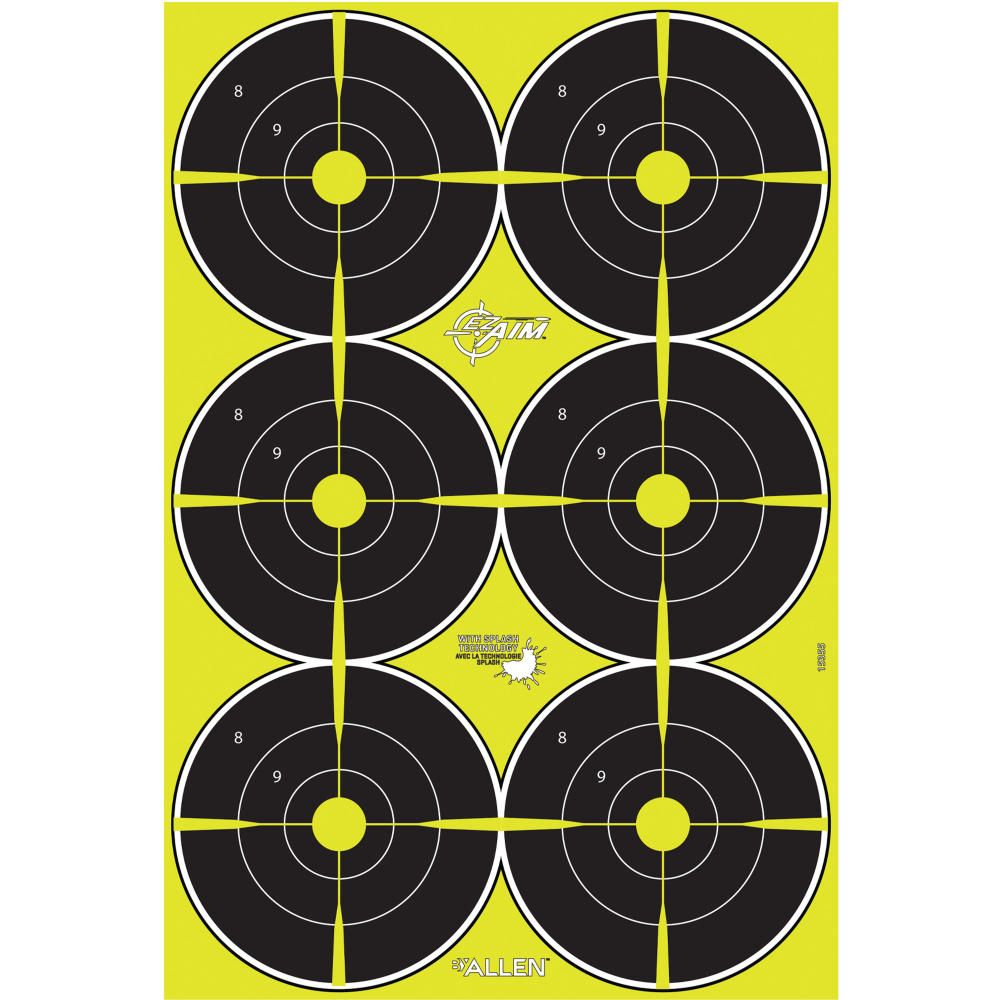 Allen Company - EZ Aim Splash Reactive Paper Shooting Targets, Bullseye, 6-Targets Per Sheet, 12.5"W x 18.25"H, 8-Pack, Black/Chartreuse