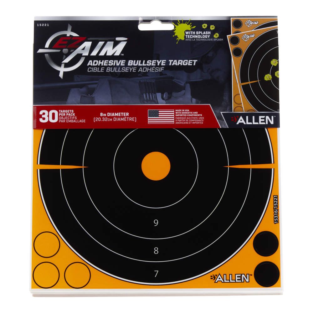 Allen Company - EZ Aim Adhesive Splash Reactive Paper Shooting Targets, Bullseye, 8"W x 8"H, 30-Pack, Black/Orange