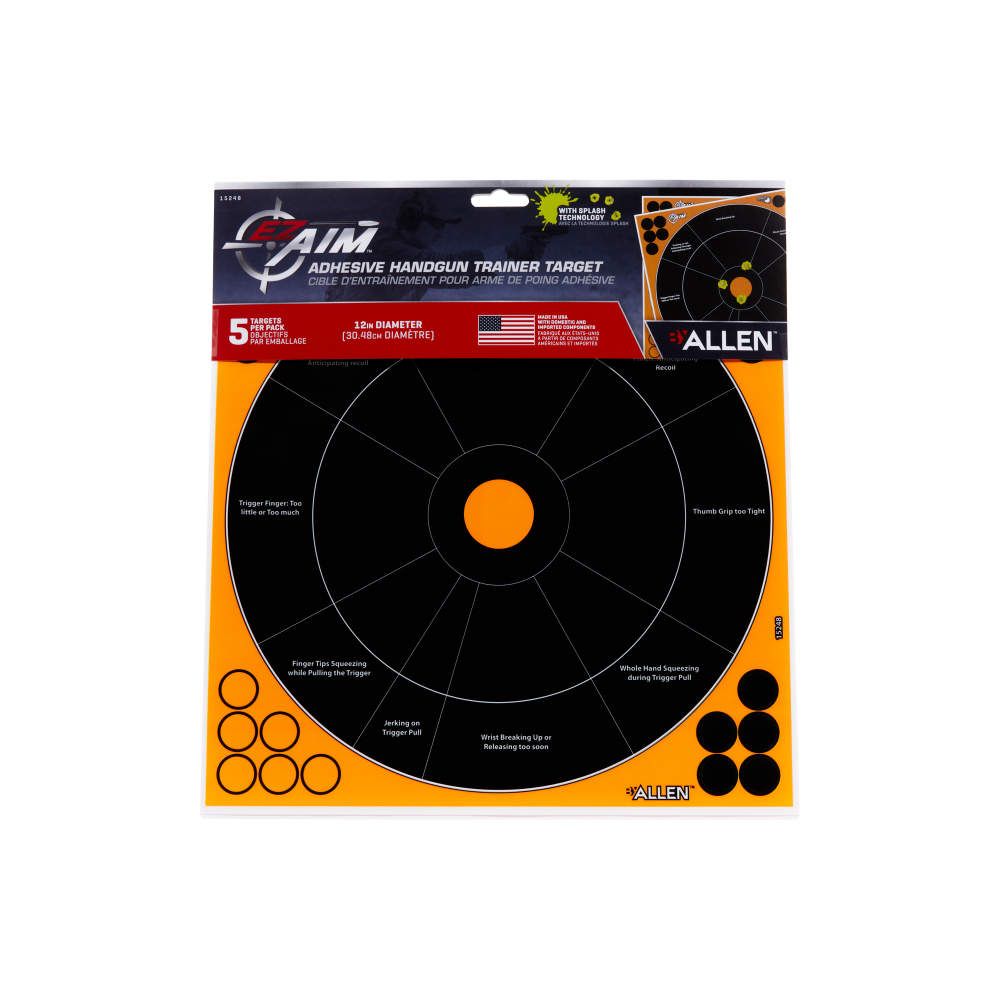 Allen Company - EZ Aim Adhesive Splash Reactive Paper Shooting Targets, Handgun Trainer, 12"W x 12"H, 5-Pack, Black/Orange