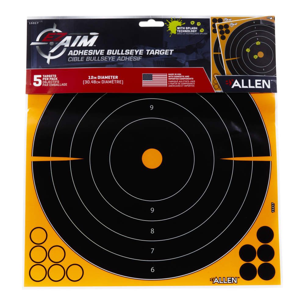 Allen Company - EZ Aim Adhesive Splash Reactive Paper Shooting Targets, Bullseye, 12"W x 12"H, 5-Pack, Black/Orange