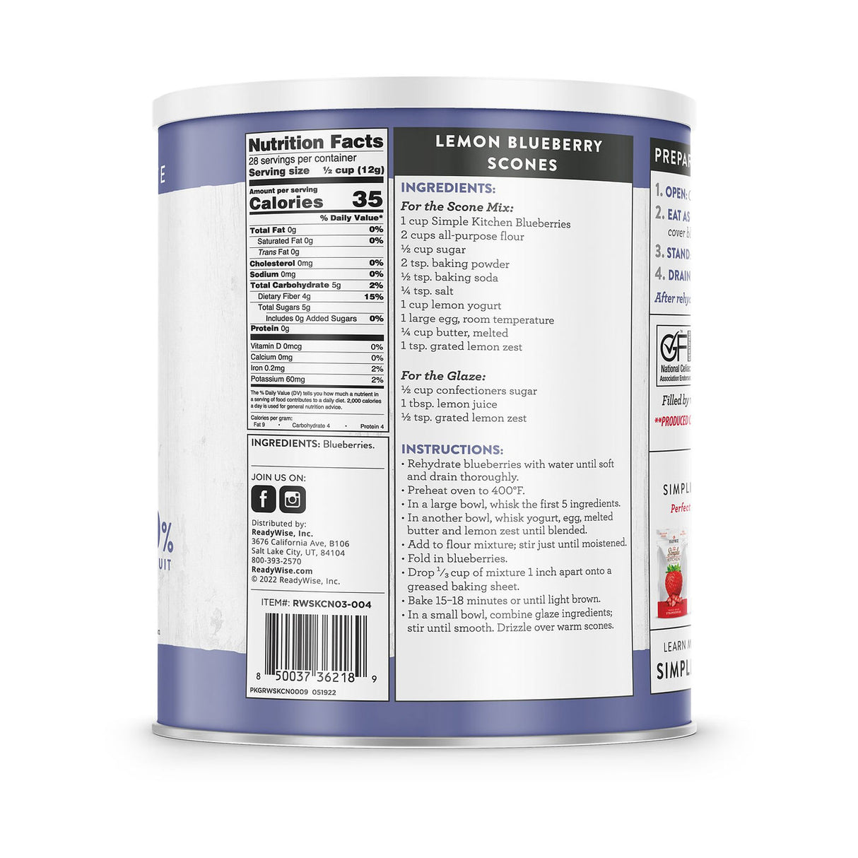 ReadyWise - Simple Kitchen Freeze-Dried Whole Blueberries - 28 Serving #10 Can