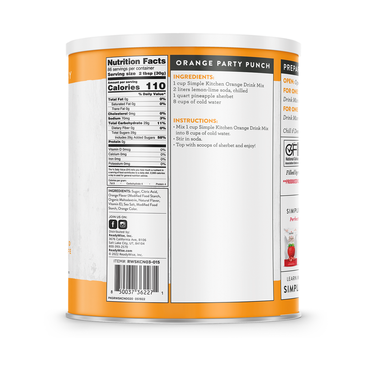 ReadyWise - Simple Kitchen Orange Drink Mix - 86 Serving #10 Can