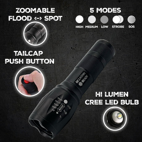 Mountain Ready LM1000 PRO - Zoomable, High Lumen 5-Mode Tactical LED Flashlight