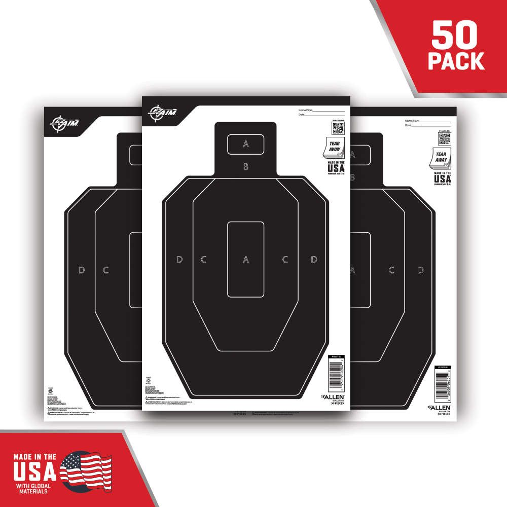 Allen Company - EZ Aim Paper Shooting Targets, IPSC Silhouette, Peel Away Target Pad, 12"W x 18"H, 50-Pack, Black/White