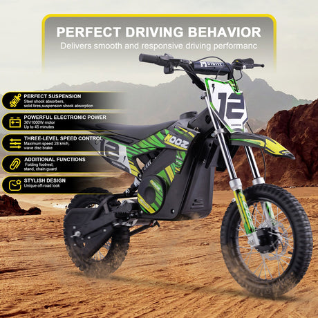 MotoTec 36v 1000w (HP112E) Electric Dirt Bike - Green