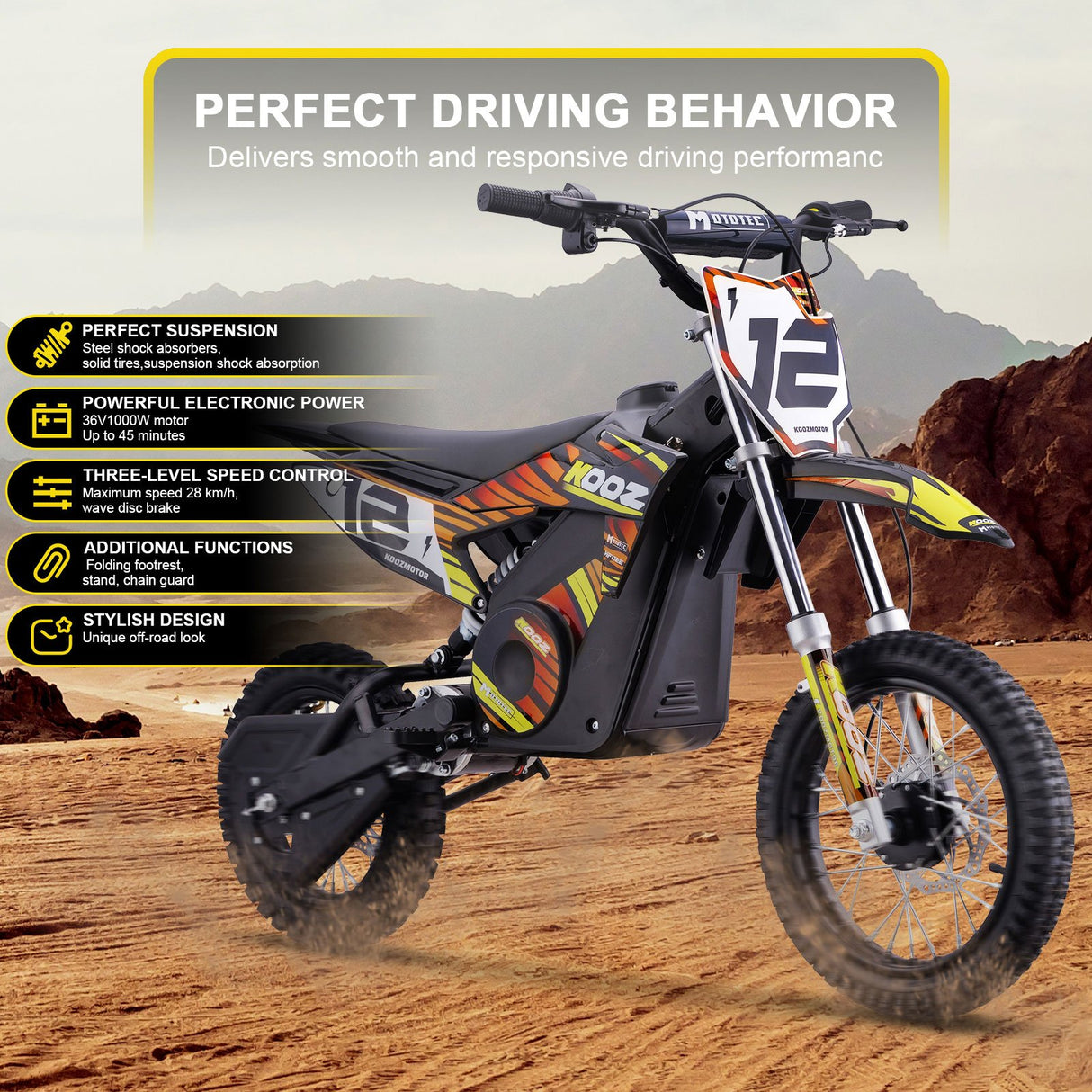 MotoTec 36v 1000w (HP112E) Electric Dirt Bike - Orange