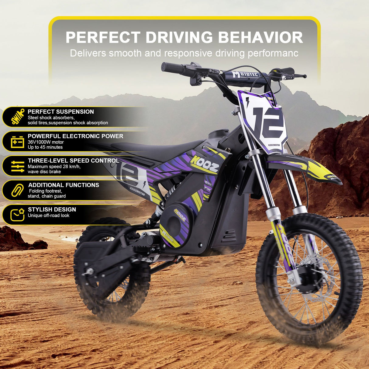 MotoTec 36v 1000w (HP112E) Electric Dirt Bike - Purple
