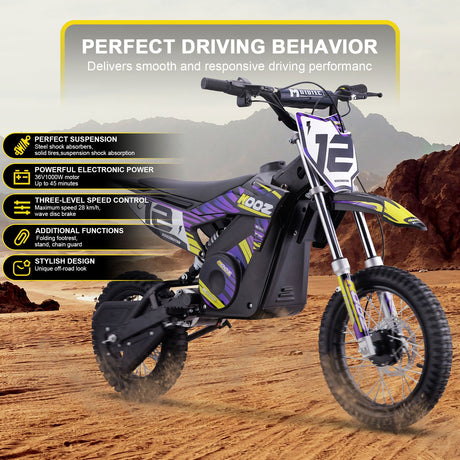 MotoTec 36v 1000w (HP112E) Electric Dirt Bike - Purple