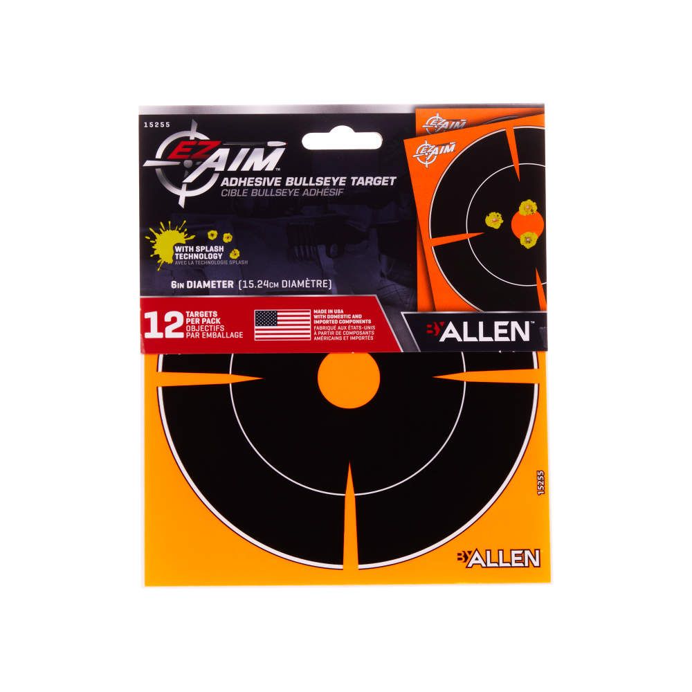 Allen Company - EZ Aim Adhesive Splash Reactive Paper Shooting Targets, Bullseye, 6"W x 6"H, 12-Pack, Black/Orange