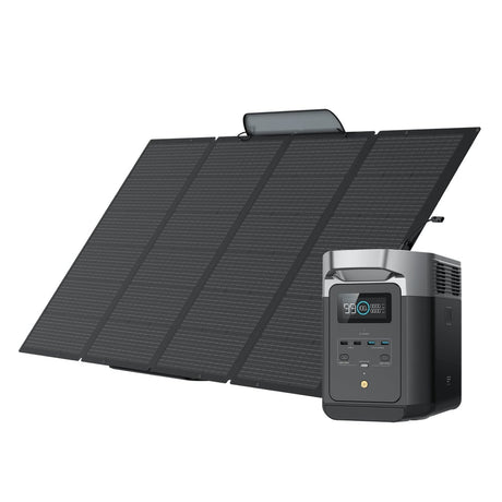 EcoFlow Delta 2 portable power station with 400W solar panel for outdoor survival and emergency preparedness.