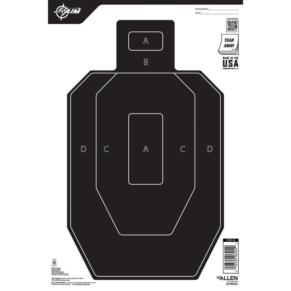 Allen Company - EZ Aim Paper Shooting Targets, IPSC Silhouette, Peel Away Target Pad, 12"W x 18"H, 50-Pack, Black/White