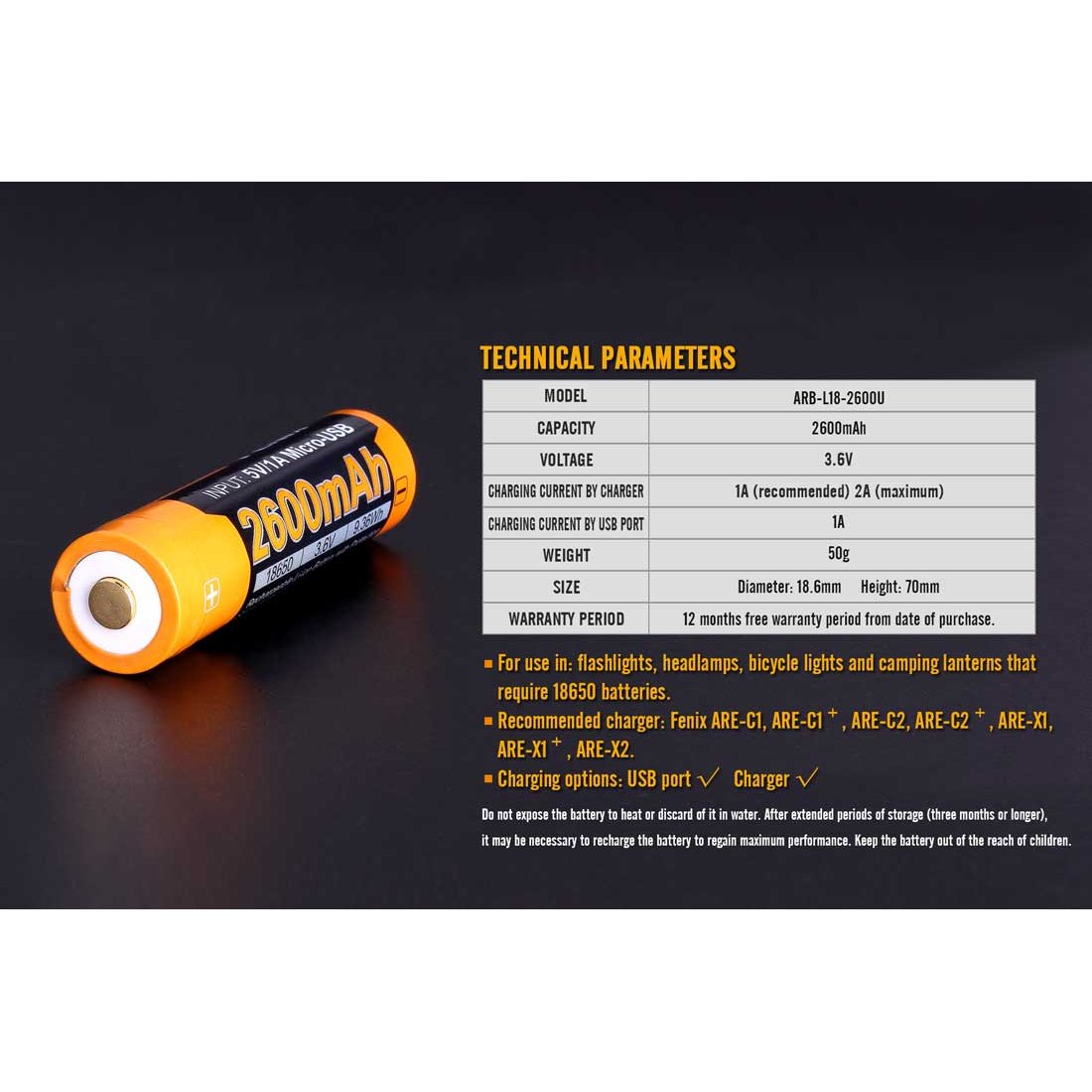FENIX - ARB-L18-2600U USB Rechargeable 18650 Battery