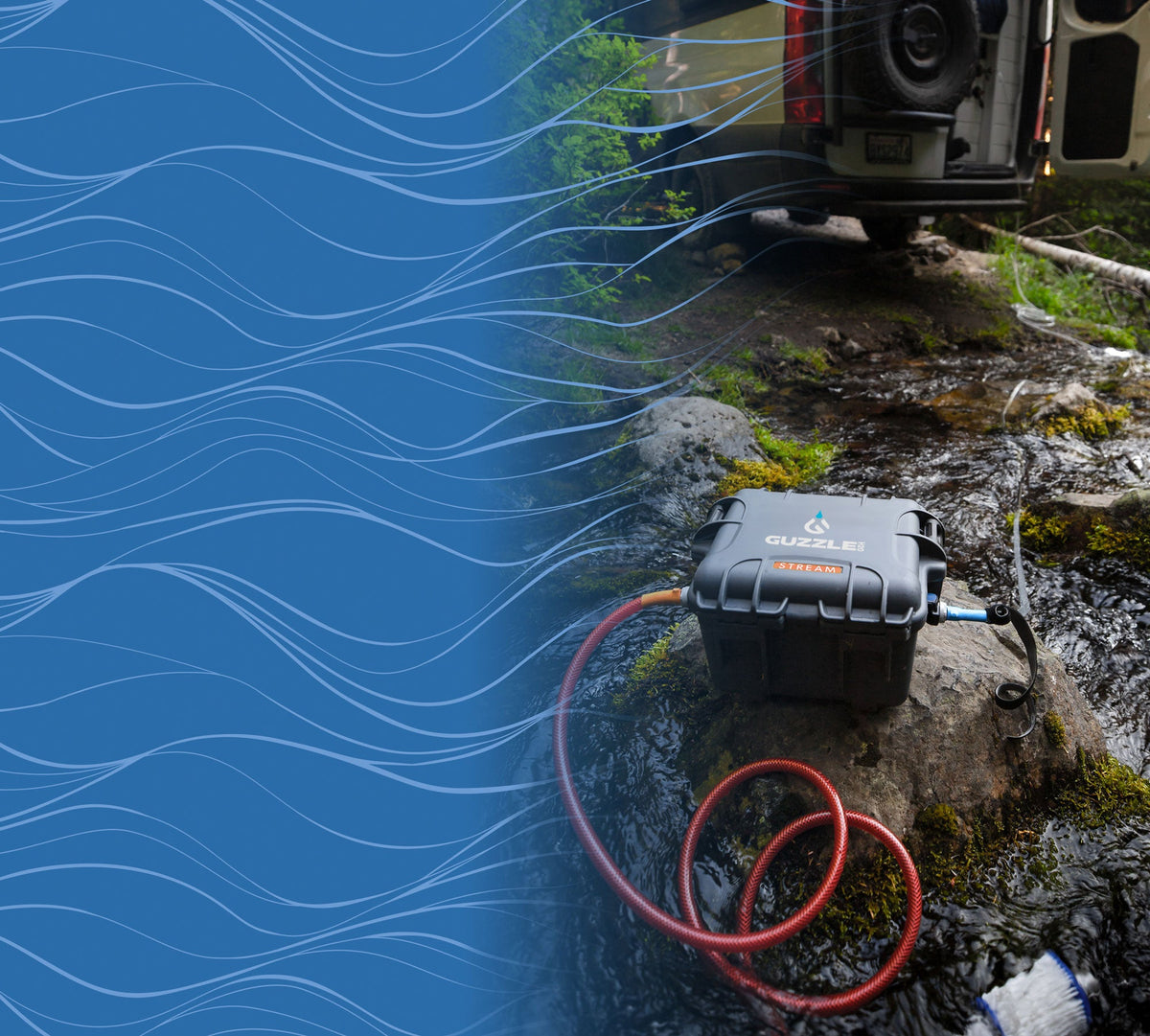 Guzzle H2O Stream portable water purifier pumping from a creek beside an overland vehicle