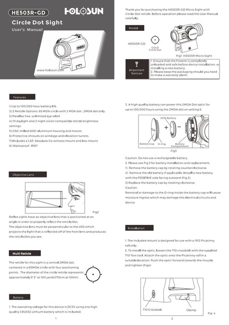 Holosun - 503 Micro Sight, Red or Gold 2 MOA Dot & 65 MOA Circle