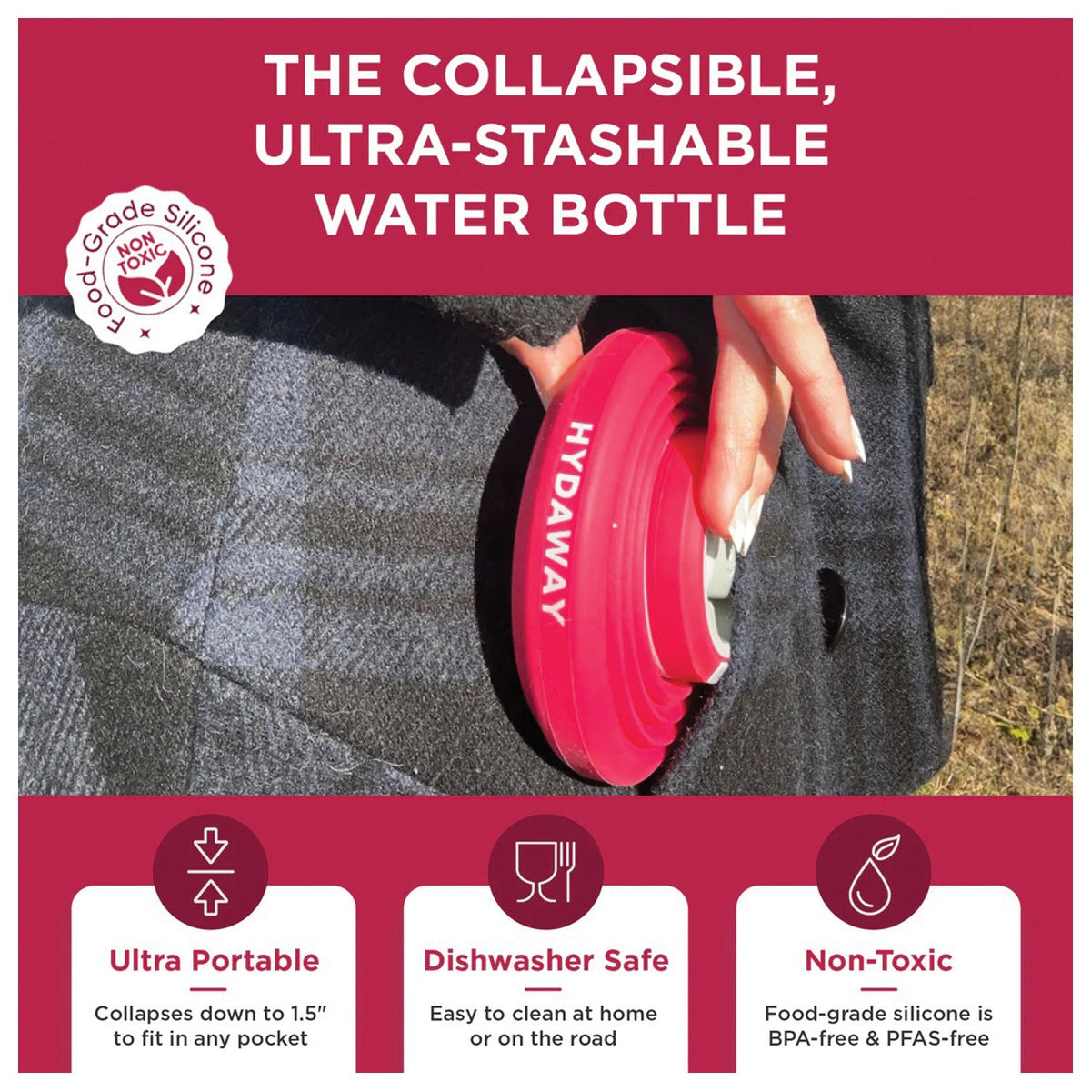 HYDAWAY - Collapsible Water Bottle 25 oz - Raspberry