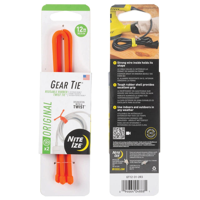 NITE IZE - Gear Tie 12" Bright Orange 2 Pack