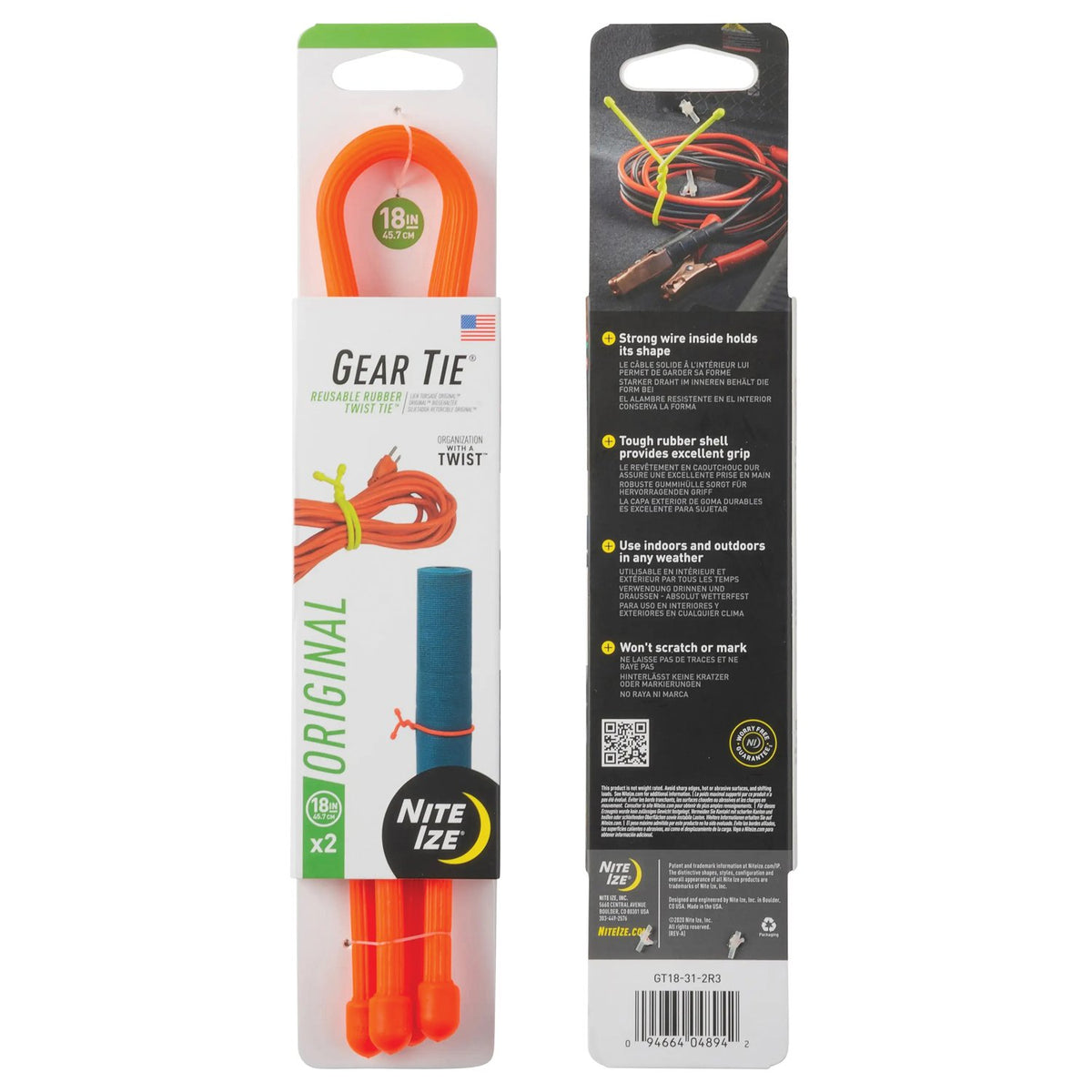 NITE IZE - Gear Tie 18" Bright Orange 2 Pack