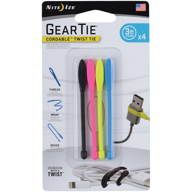 NITE IZE - Gear Tie Cord Twist 3" 4-Pack Assorted