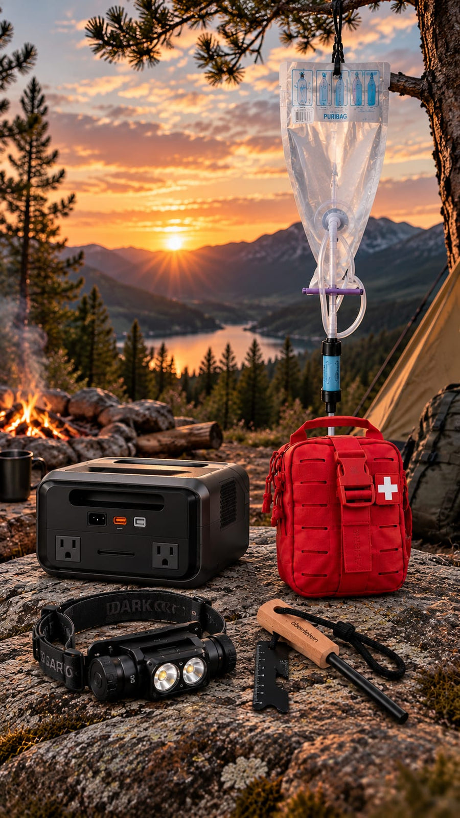 The giveaway gear on a rock above a mountain lake at sunset: a portable power station, a red first aid kit, a Puribag water filter hanging from a pine, a headlamp and a ferro rod fire starter