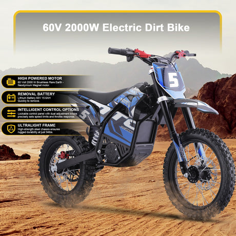 MotoTec 60v 2000w Pro Electric Dirt Bike Lithium - Blue