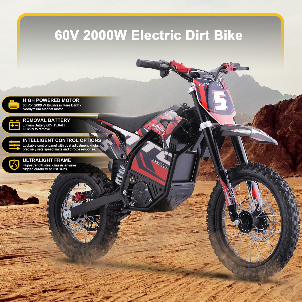 MotoTec 60v 2000w Pro Electric Dirt Bike Lithium - Red