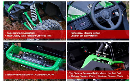 MotoTec - Raider Kids UTV 48v 1200w Full Suspension Green - Green