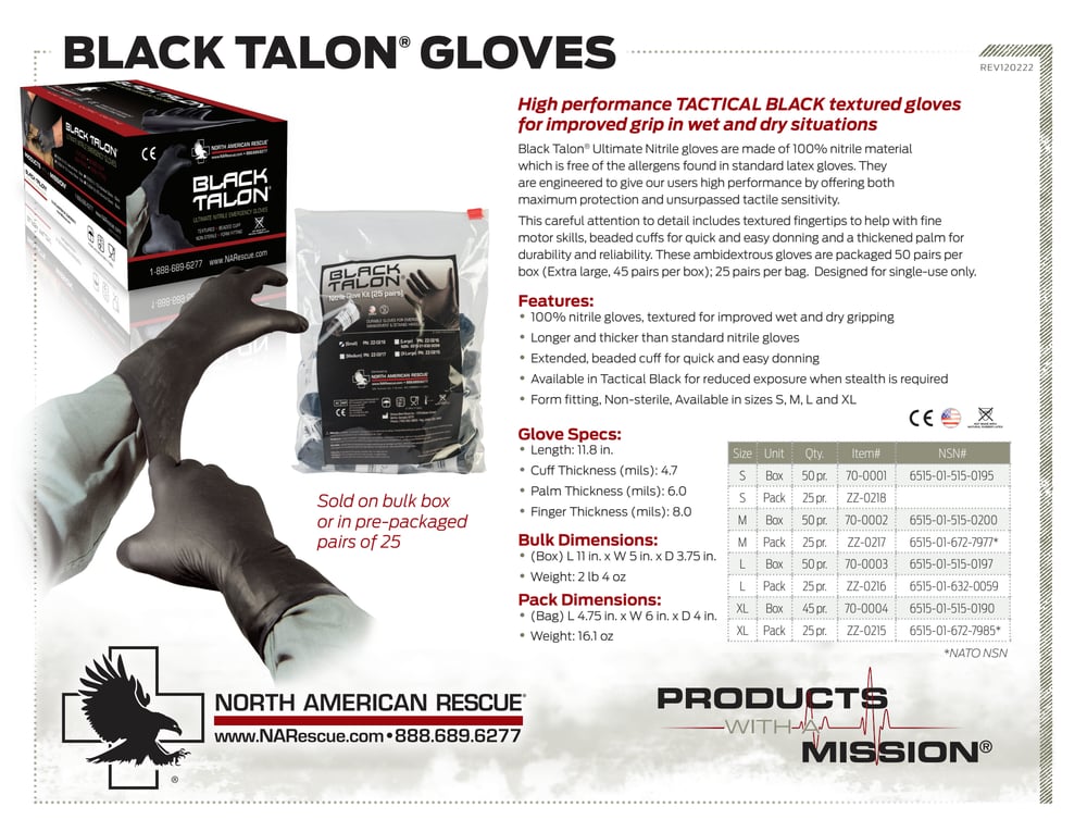North American Rescue - Black Talon Gloves, 50 Pair, Medium Size