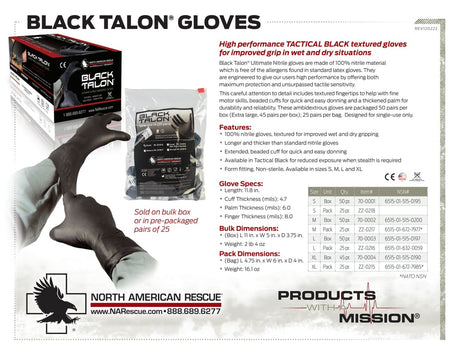 North American Rescue - Black Talon Gloves, 50 Pair, Medium Size