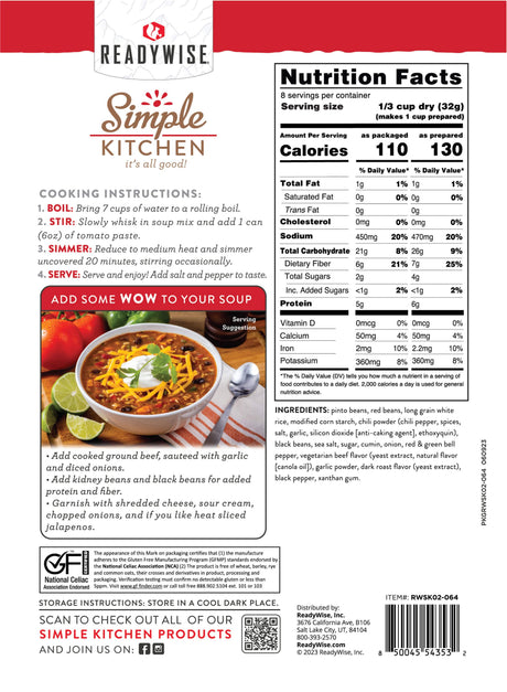 ReadyWise - 6 CT Case Hearty Chili - Gluten-Free Soup Mix