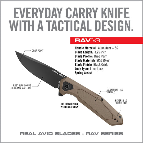 Real Avid - RAV-3 Assisted Folding Knife - Black/Tan