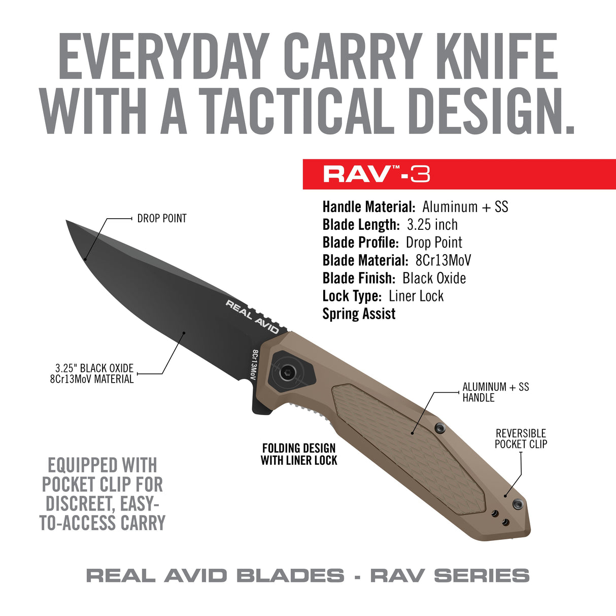 Real Avid - RAV-3 Assisted Folding Knife - Black/Tan