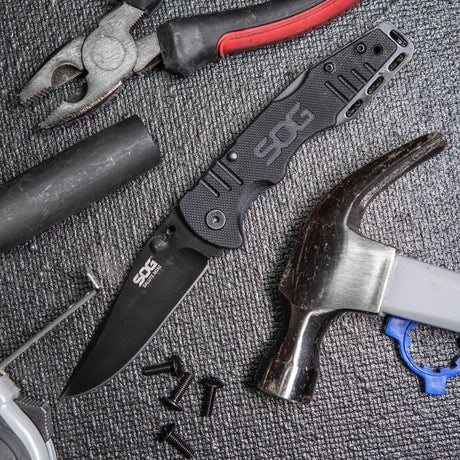 SOG - 3.1" Folding Knife, Clip Point Straight Edge, G10 Handle, Hardcased Black Finish