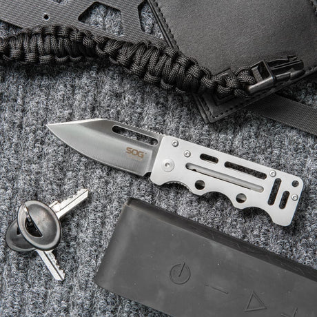 SOG - Cash Card, Folding Knife, 2.75" Clip Point Straight Edge, Silver Stainless Steel Handle, Satin Finish