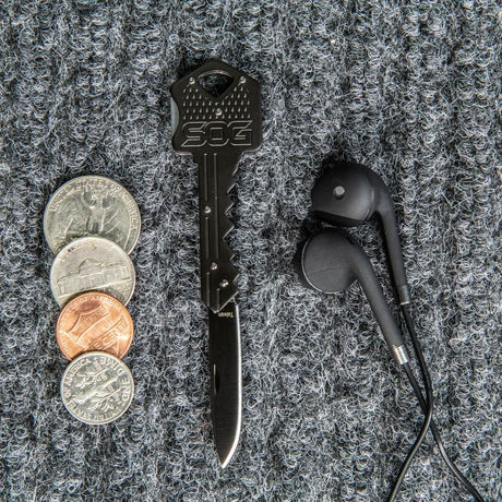 SOG - Key Knife, Compact Lockback Folding Knife with Key-Shaped Design (Available in Black and Brass)