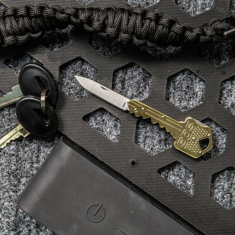 SOG - Key Knife, Compact Lockback Folding Knife with Key-Shaped Design (Available in Black and Brass)