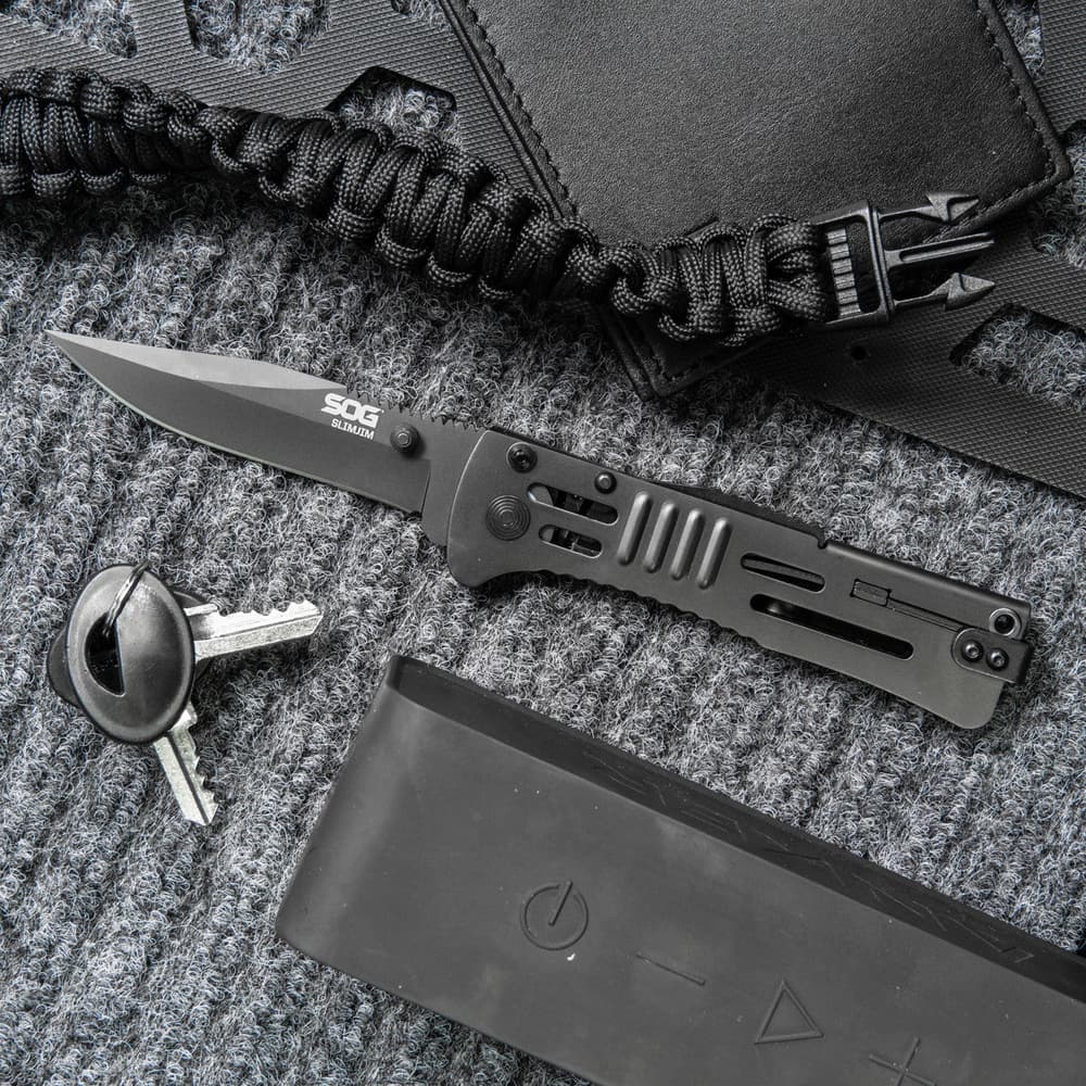 SOG - SlimJim, 3.18" Folding Knife, Clip Point Straight Edge, Bead Blasted Stainless Steel Handle, AUS 8 Steel, Hardcased Black Finish, Black