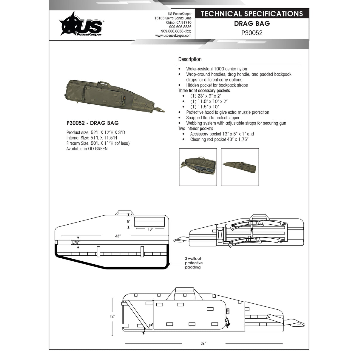 US PeaceKeeper - Drag Bag 52" Rifle Case - OD Green